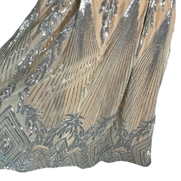 Mac Duggal 4 Nude Silver Cap Sleeve V Neck Midi Gown Art Deco Tea Length 67533 - Picture 13 of 16